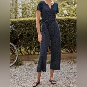 J. Jill Polka Dot Split-Neck Crop Jumpsuit Short‎ Sleeve Navy Blue Medium Tall